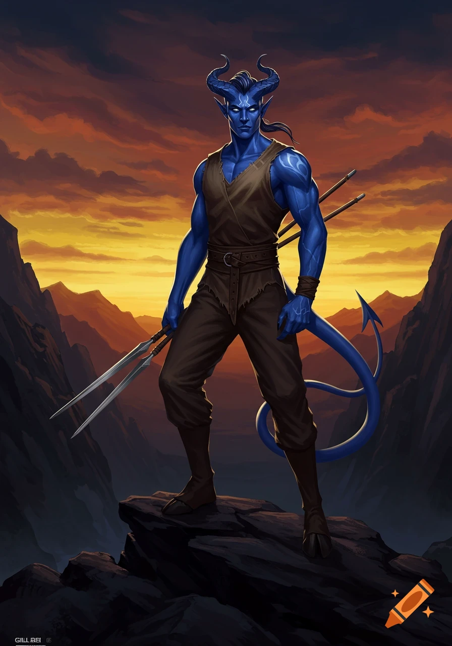 A muscular blue-skinned tiefling barbarian with horns and a tail stands on a rocky mountain, holding two javelins, against a sunset sky.