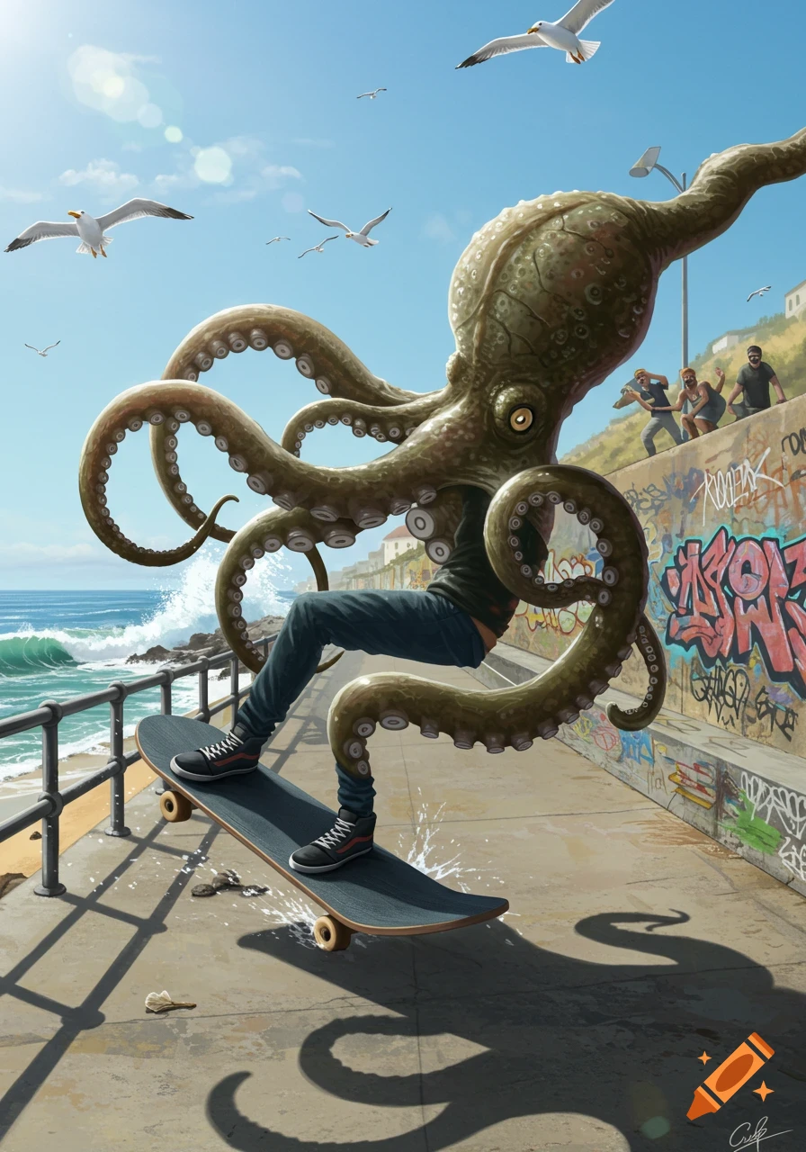 A giant kraken with human legs skateboards along a beachside promenade next to the ocean, with seagulls flying above.