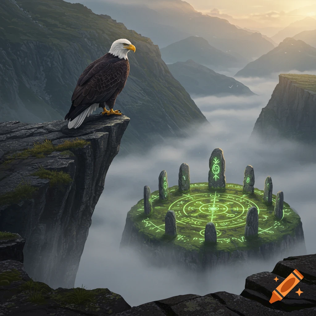 A bald eagle perches on a cliff edge, gazing over a misty mountain valley with a mystical glowing green stone circle.