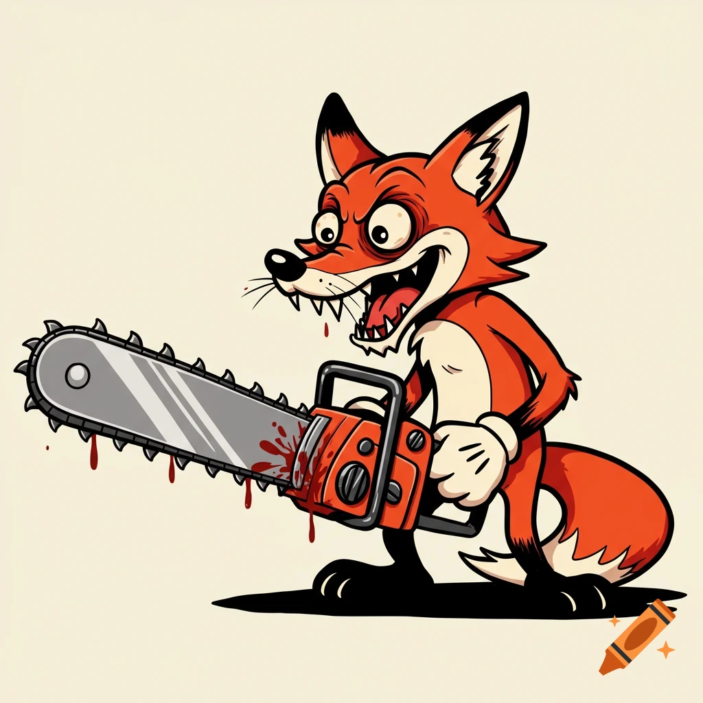 A deranged anthropomorphic fox in a 1950s rubberhose cartoon style holds a bloody chainsaw, against a blank background.