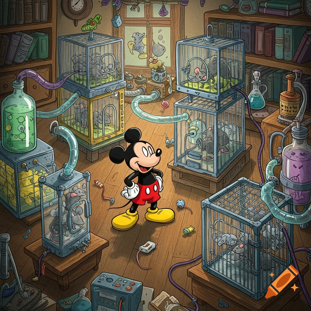 Cartoon Mickey Mouse smiling in a whimsical lab with mice in cages and colorful scientific equipment.