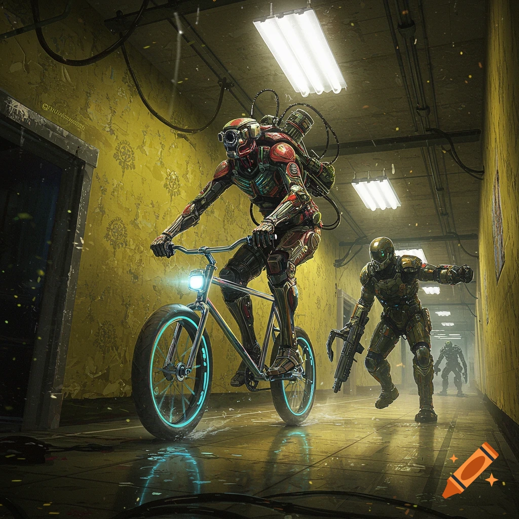 A red and black robot rides a bike down a dim, grungy yellow hallway, with other armed robots chasing behind.