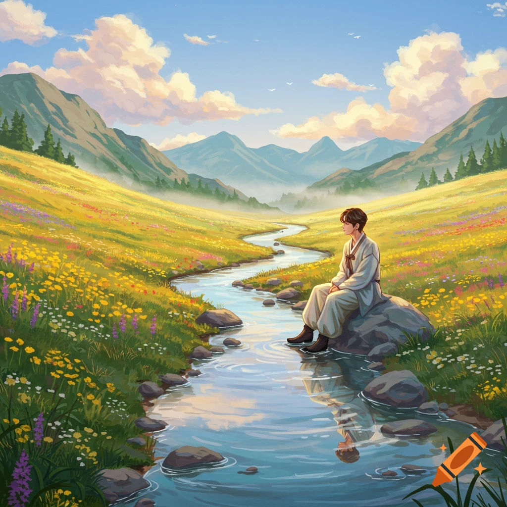 An illustration of a person in traditional Korean attire sitting on a rock by a winding river in a vibrant, flower-filled mountain valley.