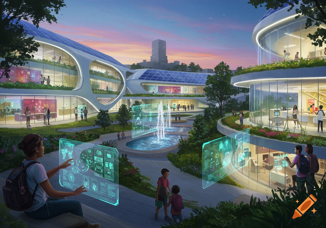 A vibrant, futuristic green campus with modern buildings, solar panels, a fountain, and people interacting with holographic displays.