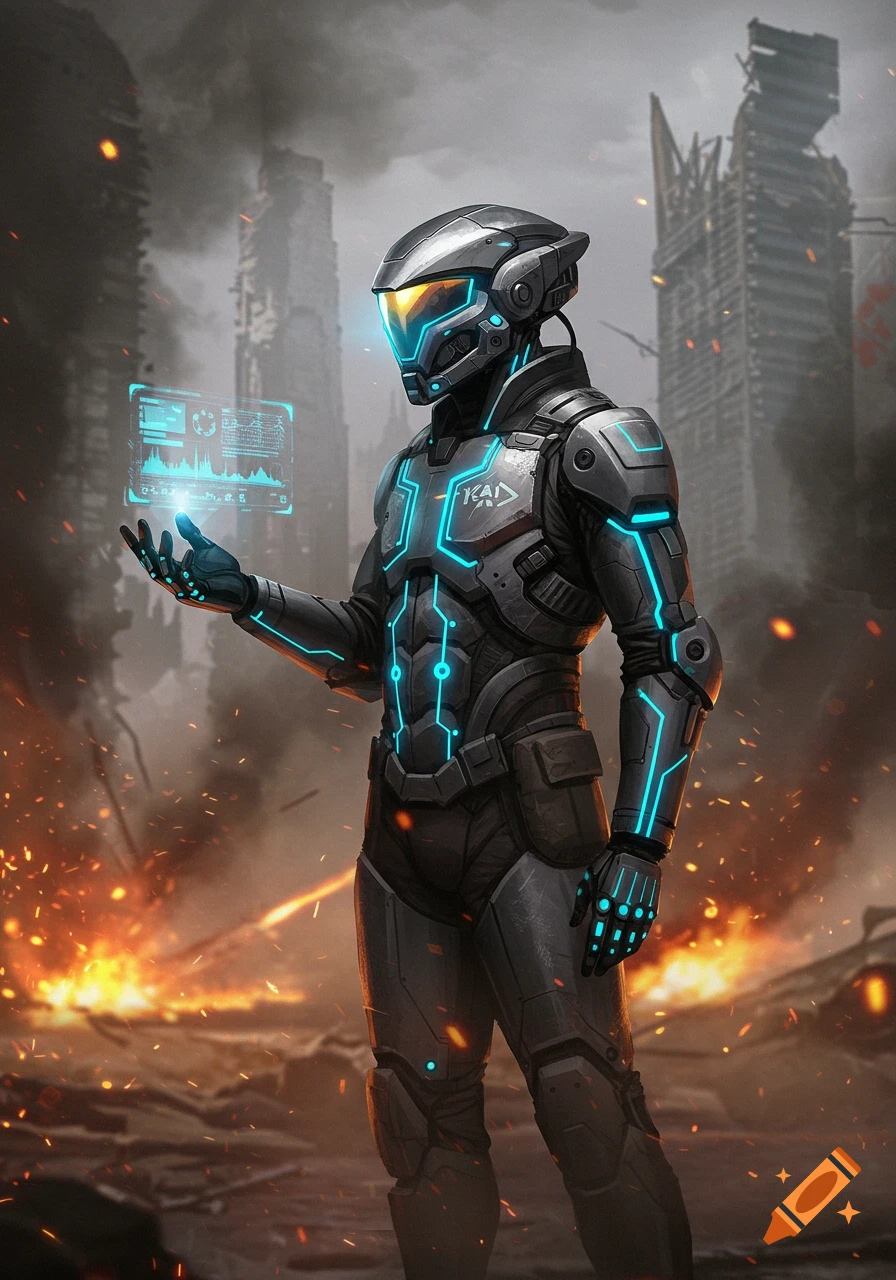A futuristic soldier in a grey and blue glowing armored suit holds a holographic display in a ruined, fiery city. Digital art.