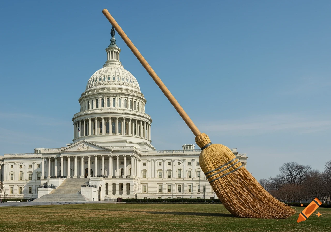 A photorealistic image of a giant straw broom leaning against the U.S. Capitol building, its bristles on the grass.