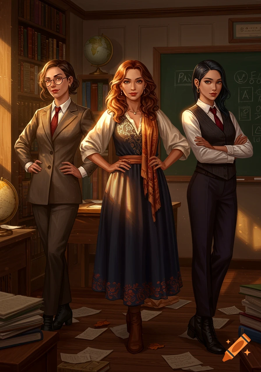 Three professional women, possibly teachers, pose in a classroom with bookshelves and a blackboard, in a digital art style.