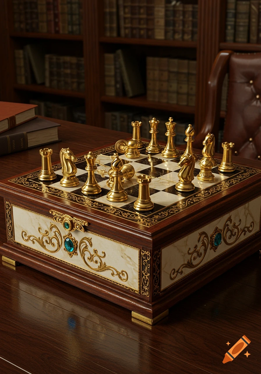 An ornate golden chess set on a decorative wooden and marble board, resting on a dark wooden table in a dimly lit library.