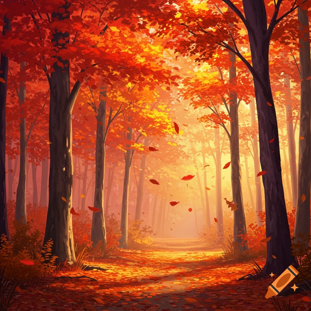 Vibrant illustrative autumn forest path with tall trees, bright red and orange leaves, and sunlight filtering through the canopy.