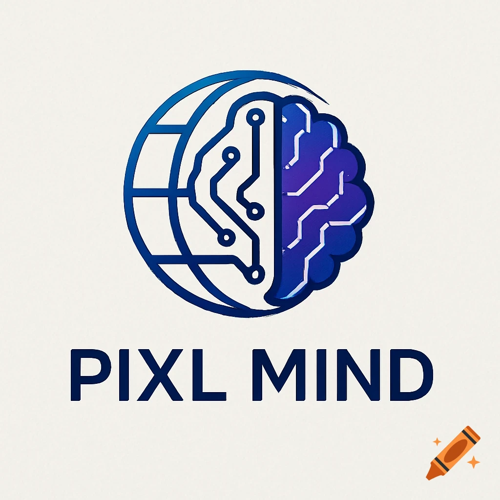 A blue and purple logo featuring a stylized globe merging with a brain-like circuit board above the words "PIXL MIND".