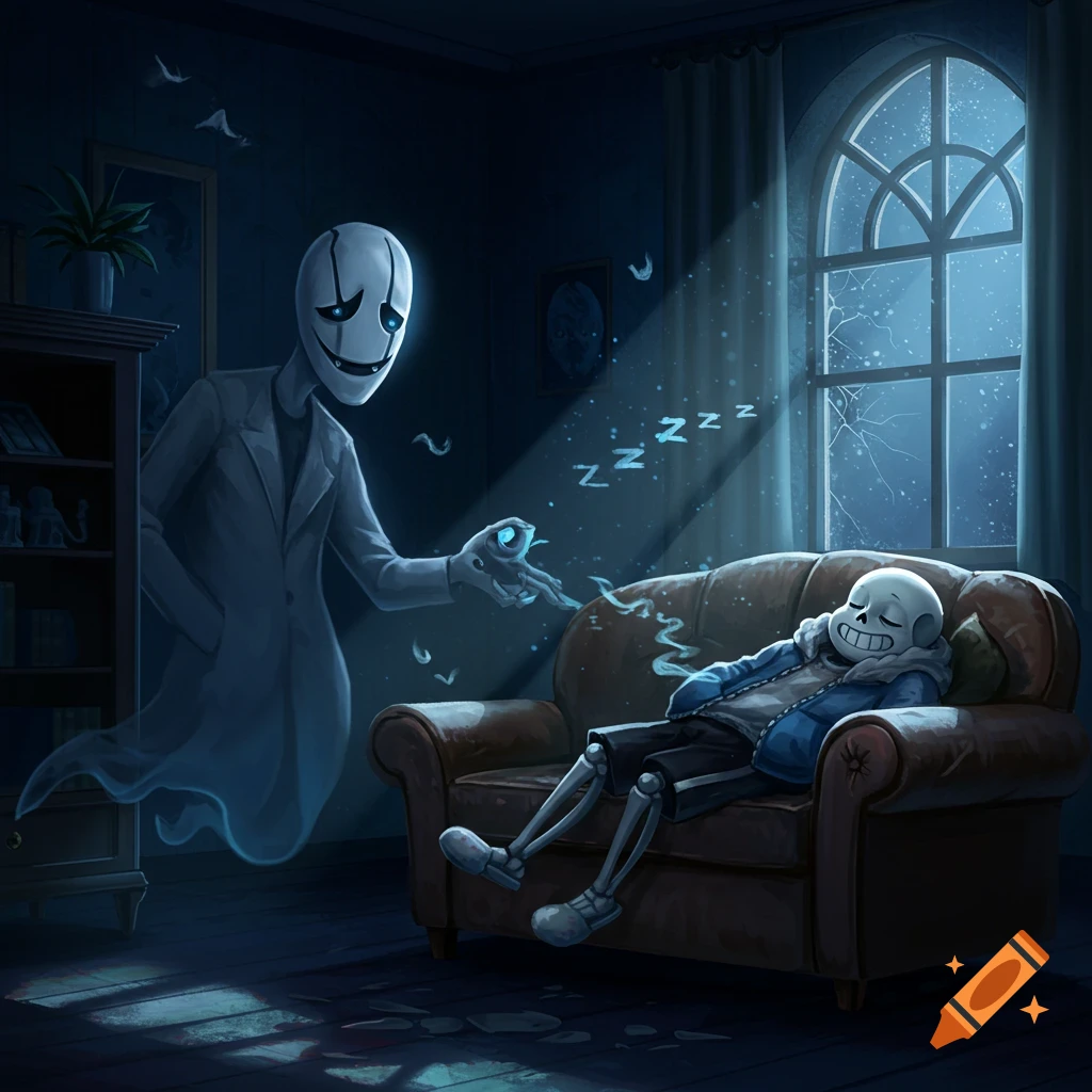 Gaster watches Sans the skeleton sleeping on a couch in a dimly lit room with snow outside a large window, digital art.