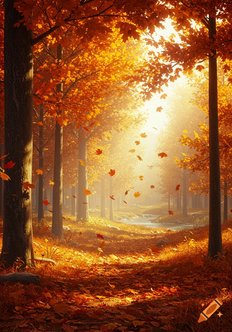 A vibrant autumn forest path with golden trees, falling leaves, and a serene stream, bathed in warm sunlight.