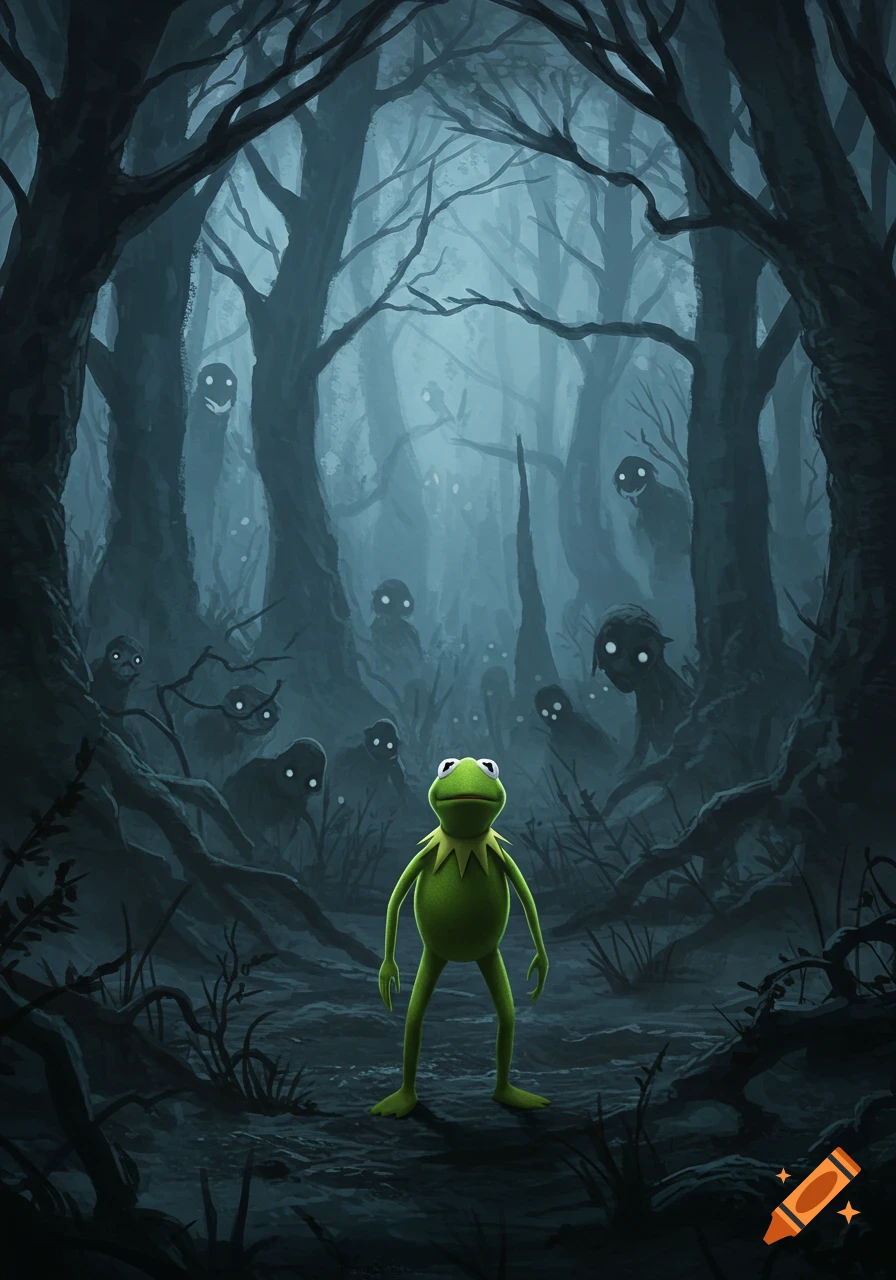 Kermit the Frog stands in a dark, misty forest as shadowy, distorted creatures with glowing eyes lurk in the background.