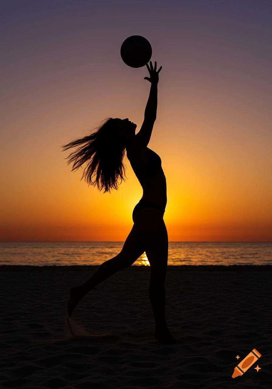 Silhouette of a woman in a swimsuit hitting a volleyball on a beach at sunset.