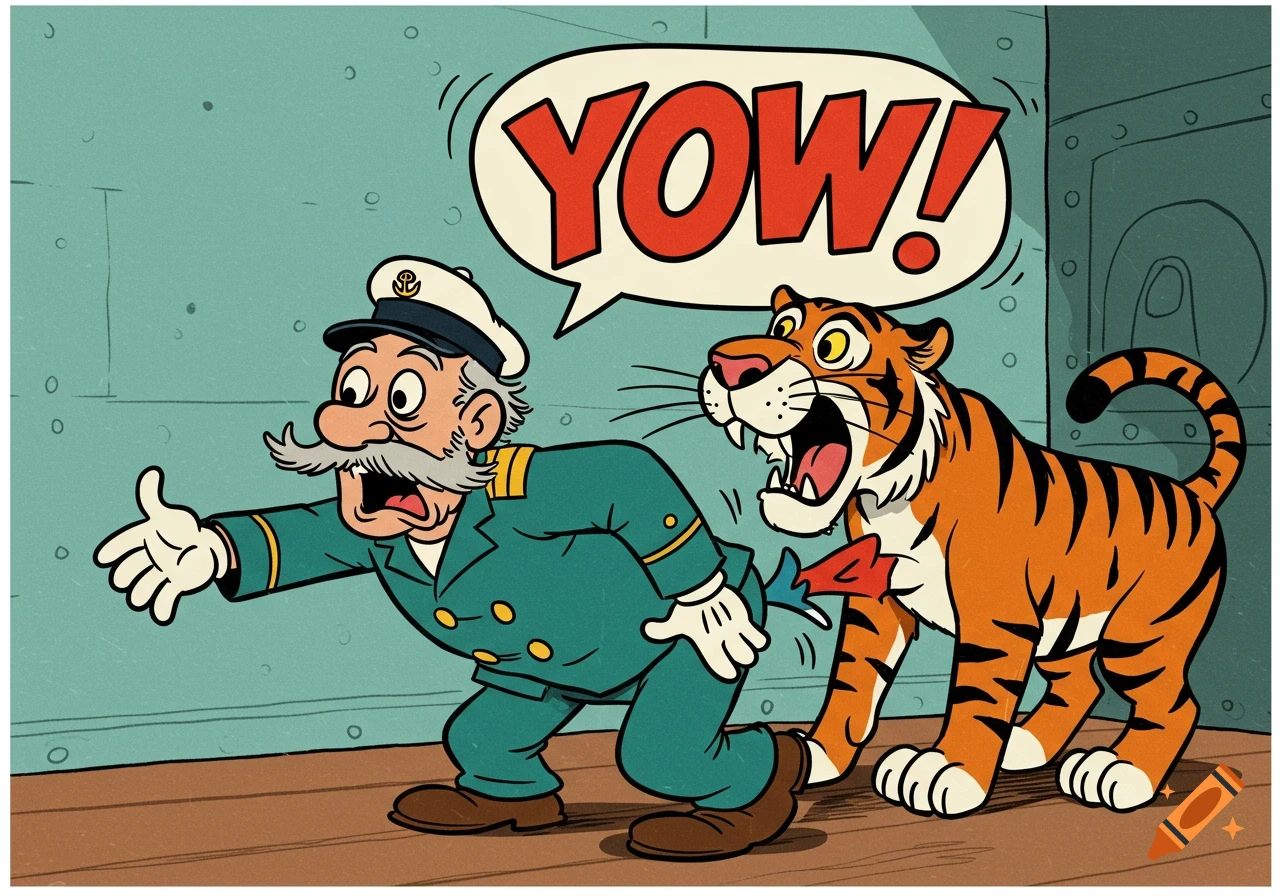 Vintage 1940s cartoon: a surprised sailor in a green uniform is humorously bitten on the backside by a tiger, with a YOW! speech bubble.