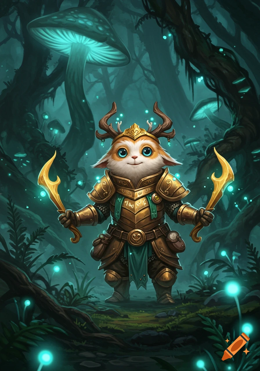 A cute, armored fantasy creature with antlers holding golden swords in a glowing teal forest. Digital art.