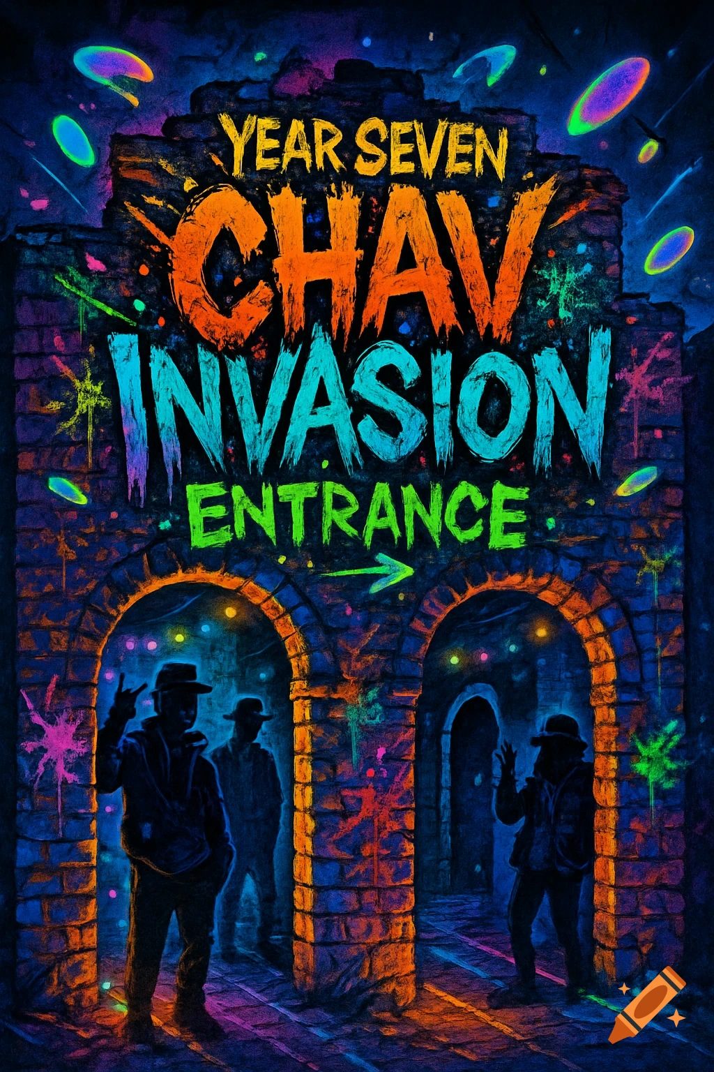 A neon blacklight poster for 'YEAR SEVEN CHAV INVASION ENTRANCE' with shadowy figures in an arched tunnel.