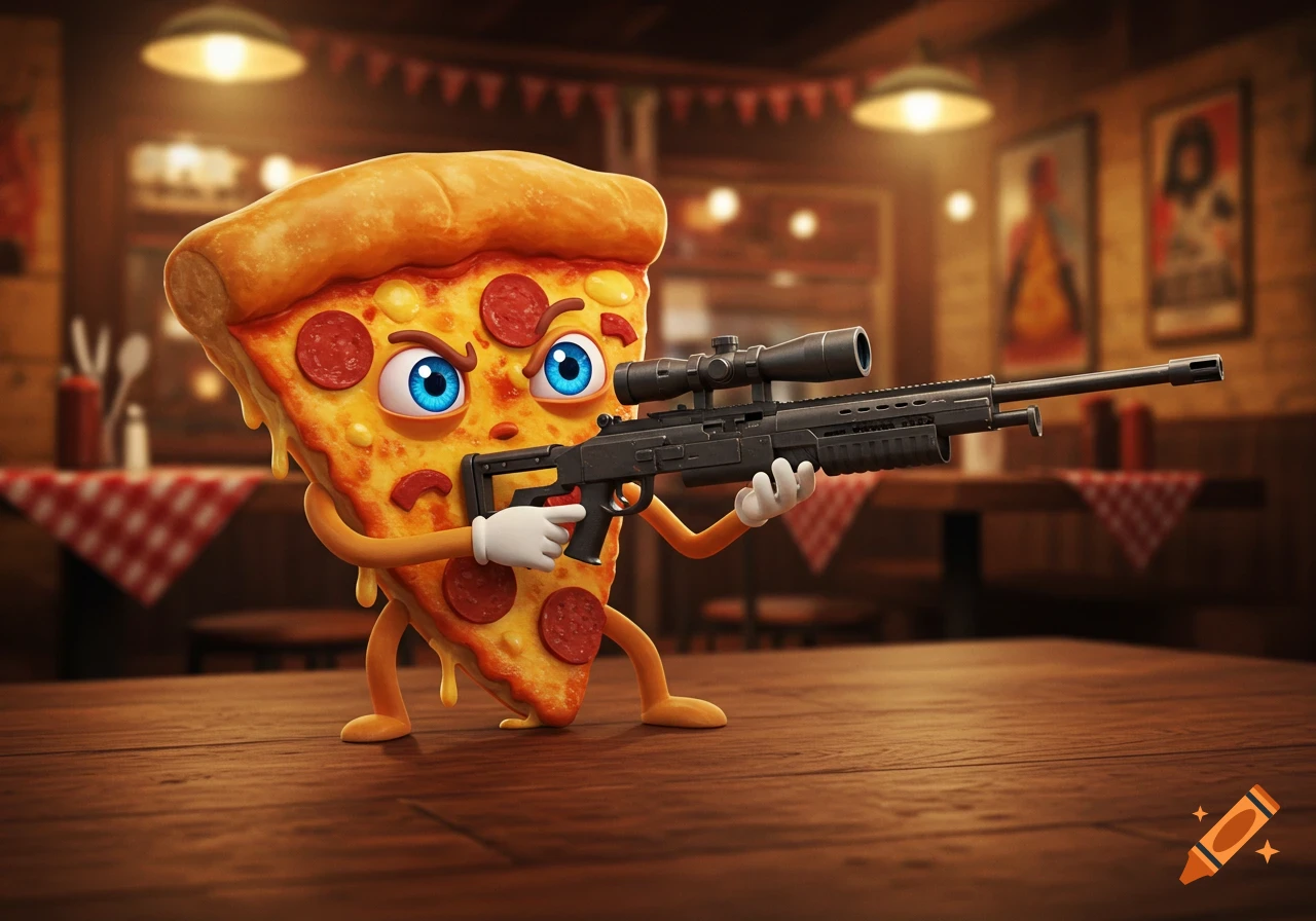 A cartoon slice of pizza with blue eyes, arms, and legs, holding a sniper rifle while crouching on a wooden table in a dimly lit restaurant.