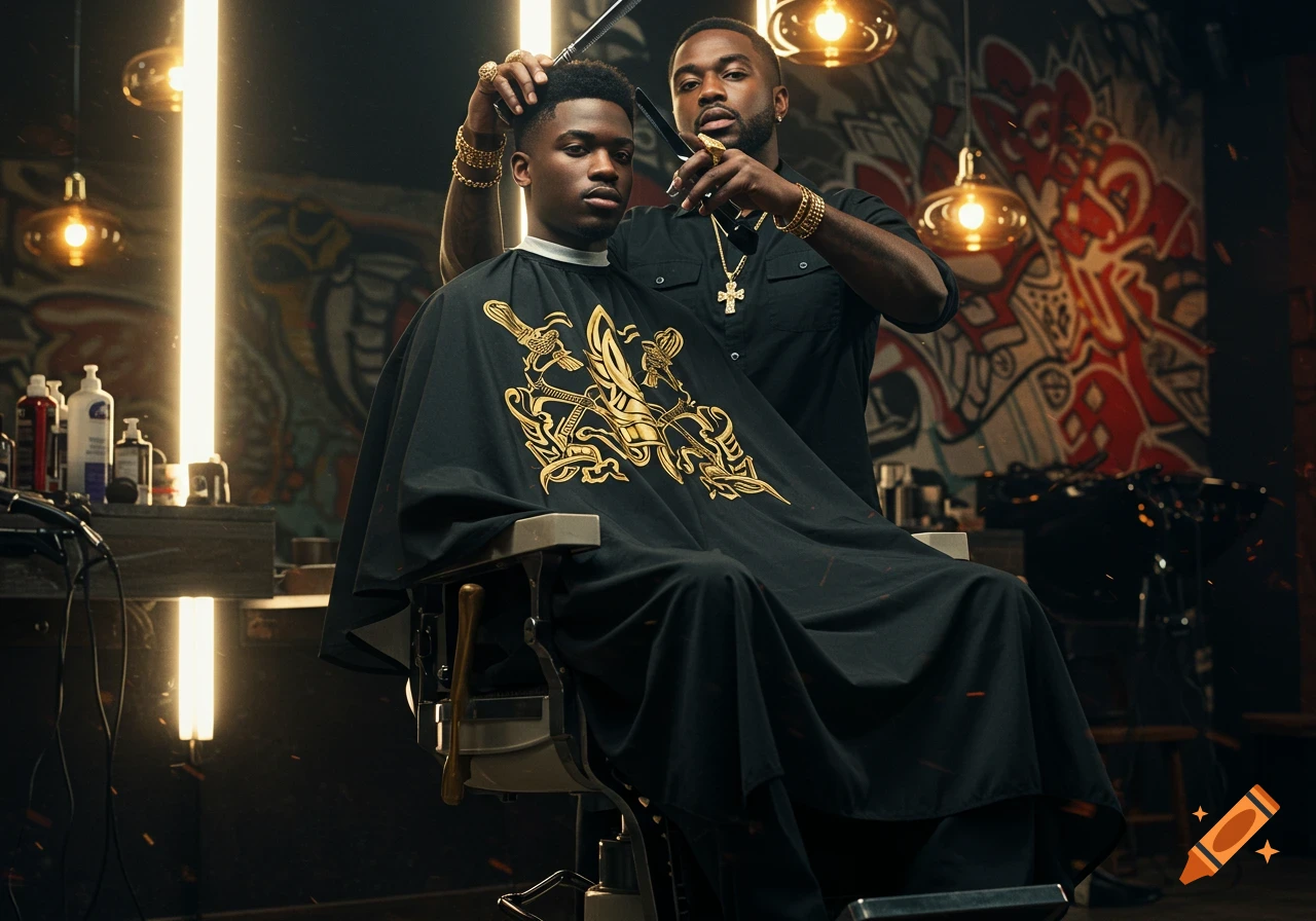 Two Black men in a stylish barbershop, one cutting the other's hair. Both wear gold jewelry with dramatic lighting and graffiti in the background.