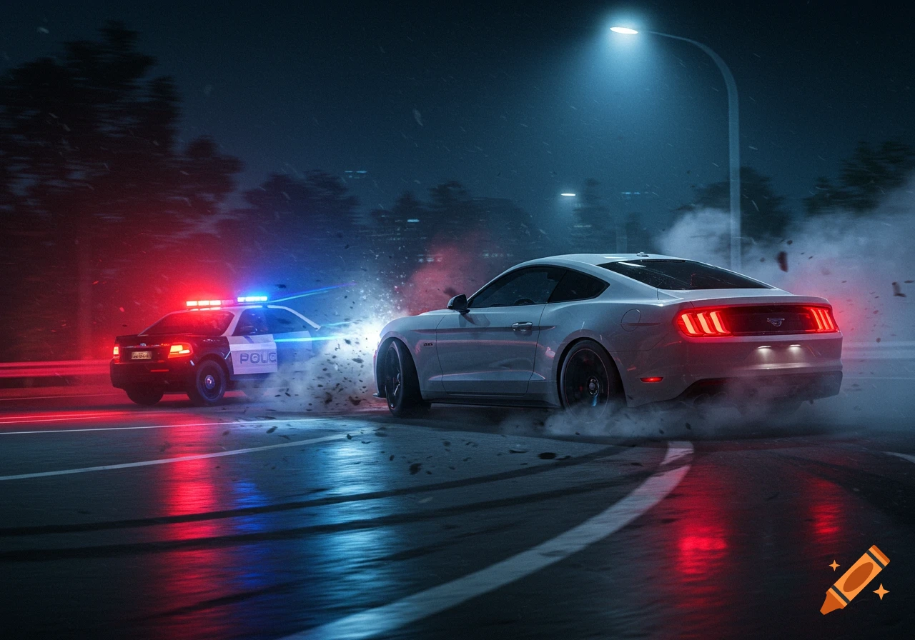 A white Ford Mustang drifts on a wet road at night, pursued by a police car with flashing red and blue lights, with smoke and debris flying.