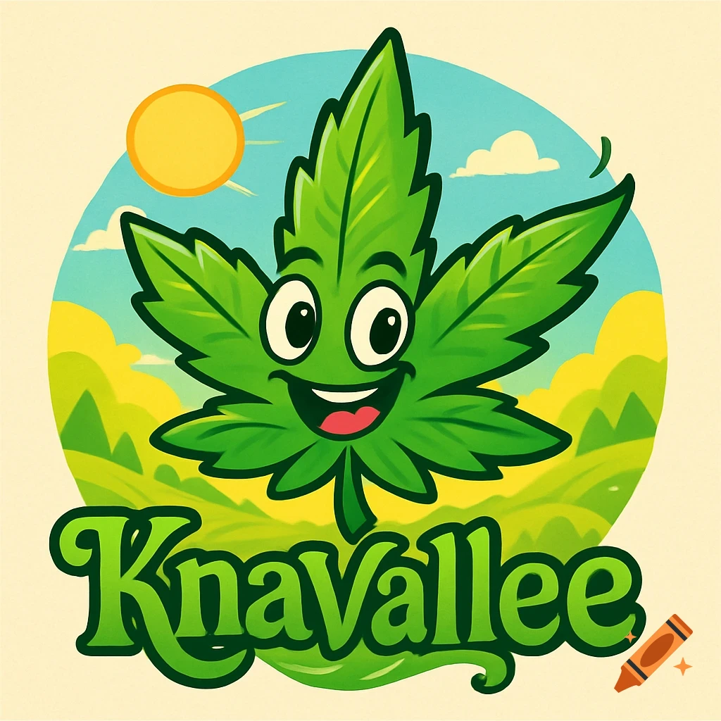 A cartoon logo of a happy-faced cannabis leaf with the word "KnaVallee" in front of a blue sky and yellow hills.