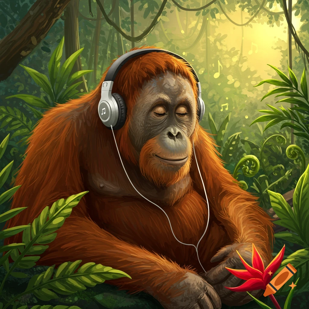 A contented orangutan wearing headphones listens to music in a lush, sunlit jungle, with music notes floating.