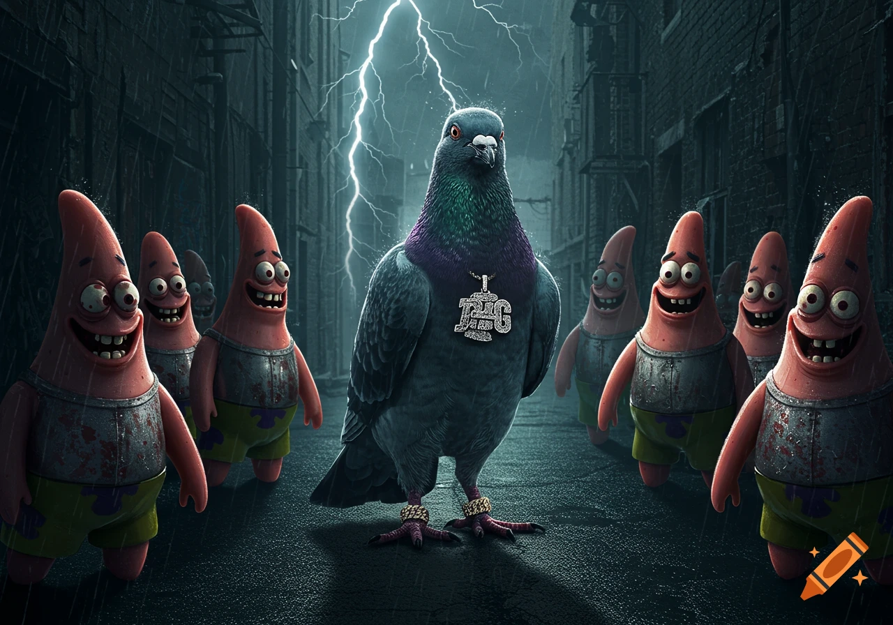 A stylized pigeon wearing diamond chains stands in a dark, rainy alley with lightning, surrounded by an army of grinning Patrick Stars.