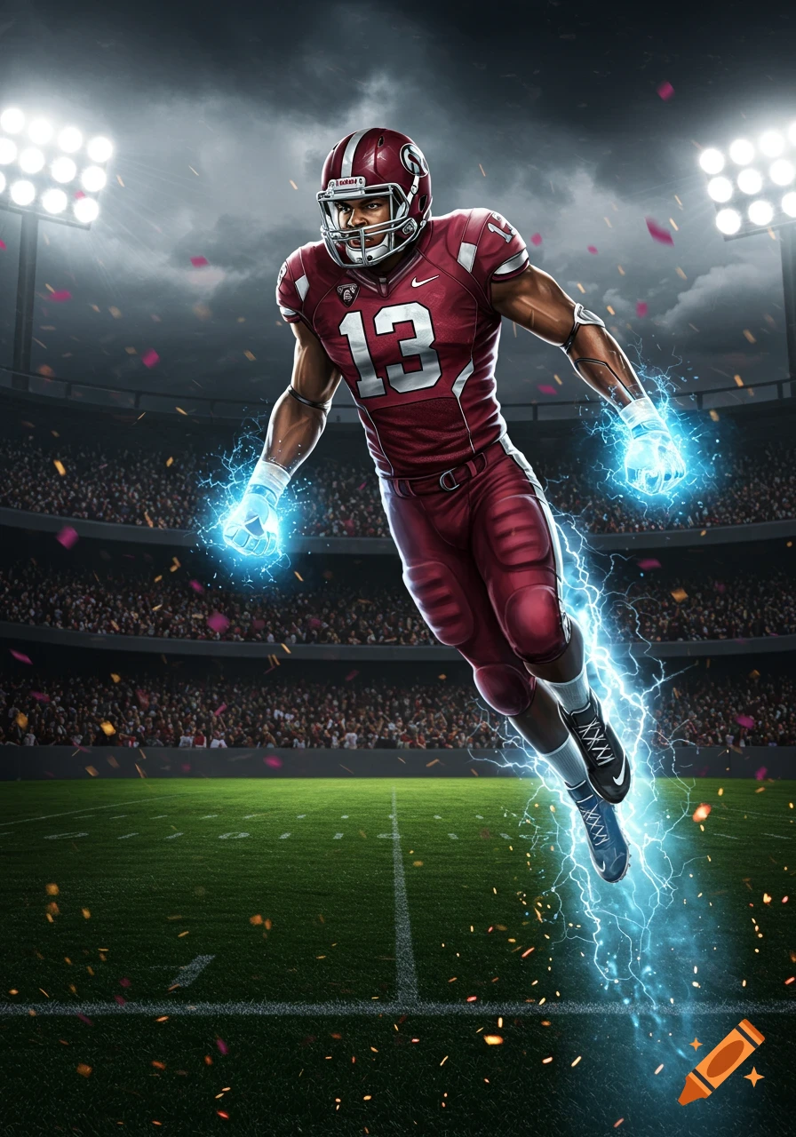 A football player in a maroon uniform with number 13, hands glowing blue with energy, leaping across a stadium field with lightning trails.