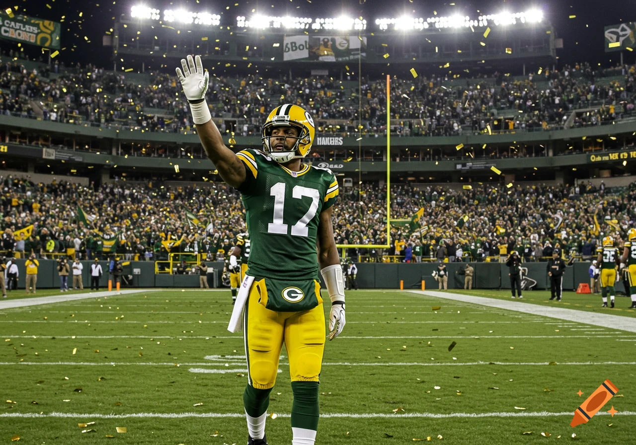 Photorealistic image of a Green Bay Packers player in uniform with number 12, waving to a cheering crowd in a stadium under falling confetti.