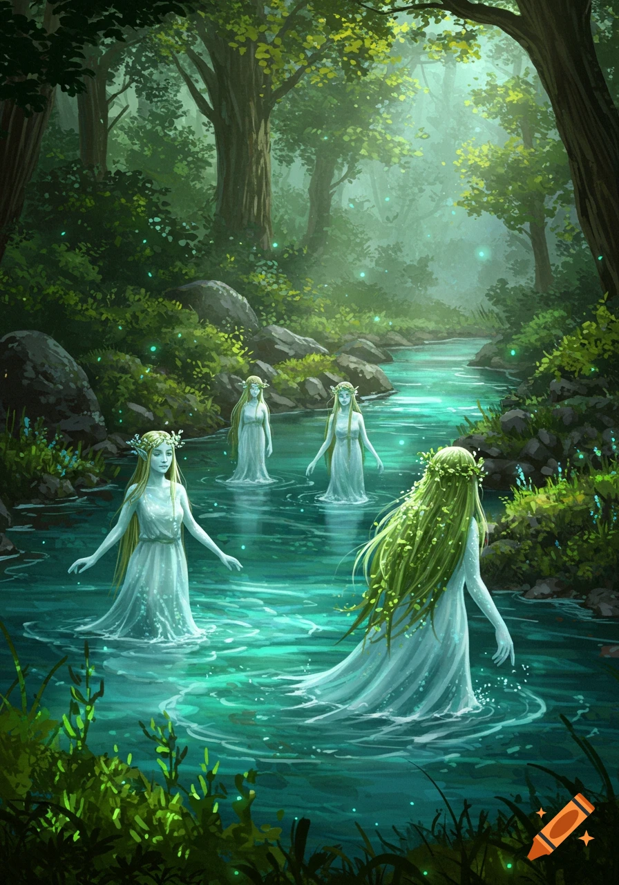 Four mythical Naiads with long hair and white dresses wade through a glowing green river in a mystical, lush forest.