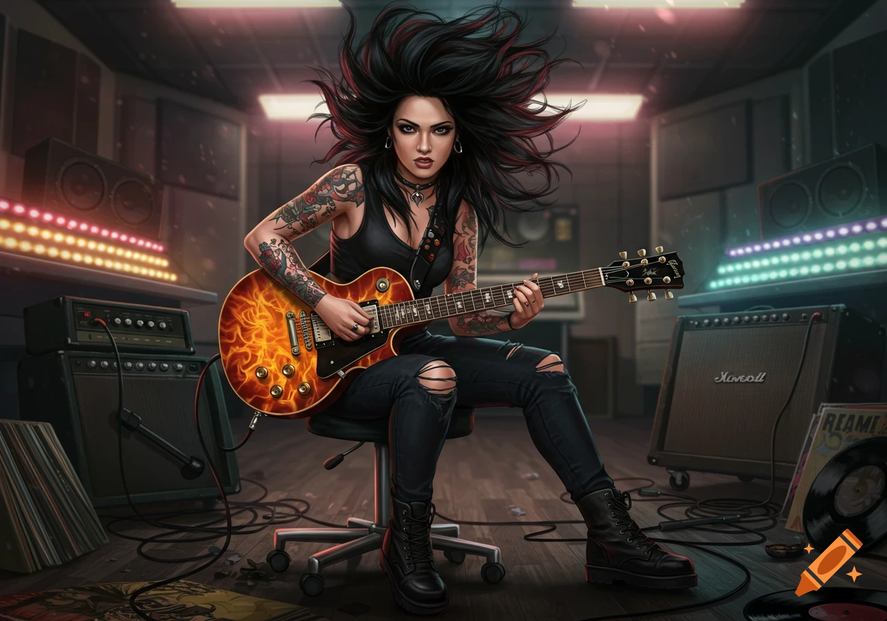 A heavily tattooed female metal guitarist with black and red hair playing a Gibson Les Paul in a music studio, surrounded by amps and records.