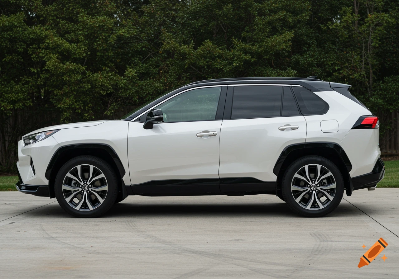 Side profile of a white 2023 Toyota RAV4 Prime XSE with a black roof, parked on a concrete driveway, photorealistic style.