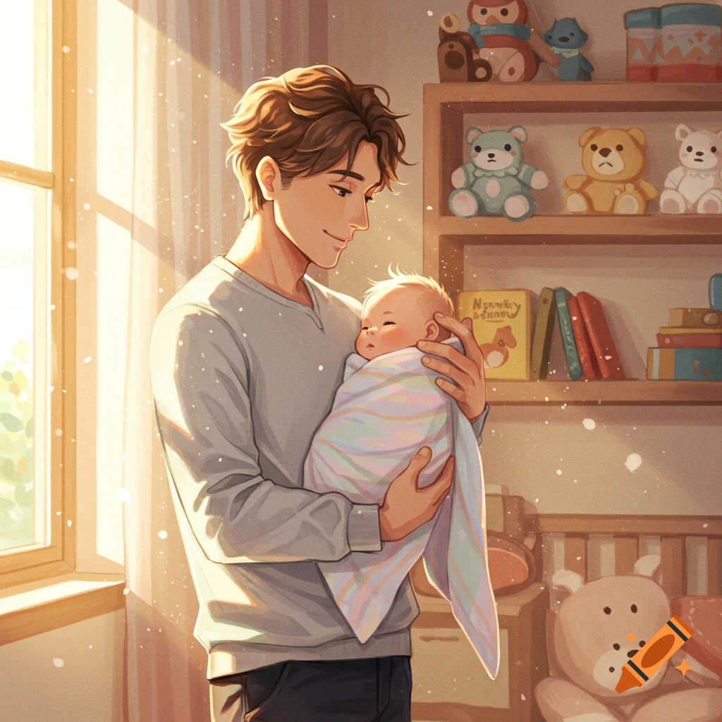 A young father lovingly holds his swaddled baby in a warm, sunlit room with toys, in an anime art style.