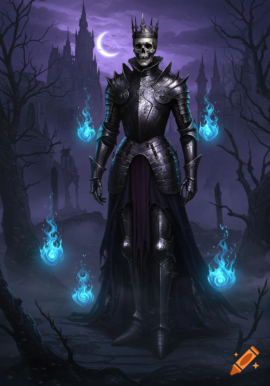 A skeletal king in ornate dark armor and a spiked crown stands before a dark gothic castle under a crescent moon, surrounded by glowing blue flames.