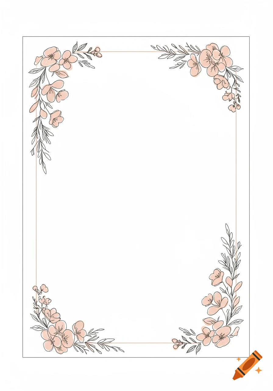 Minimalist line art illustration of a rectangular border with peach flowers and green leaves in the corners on a white background.