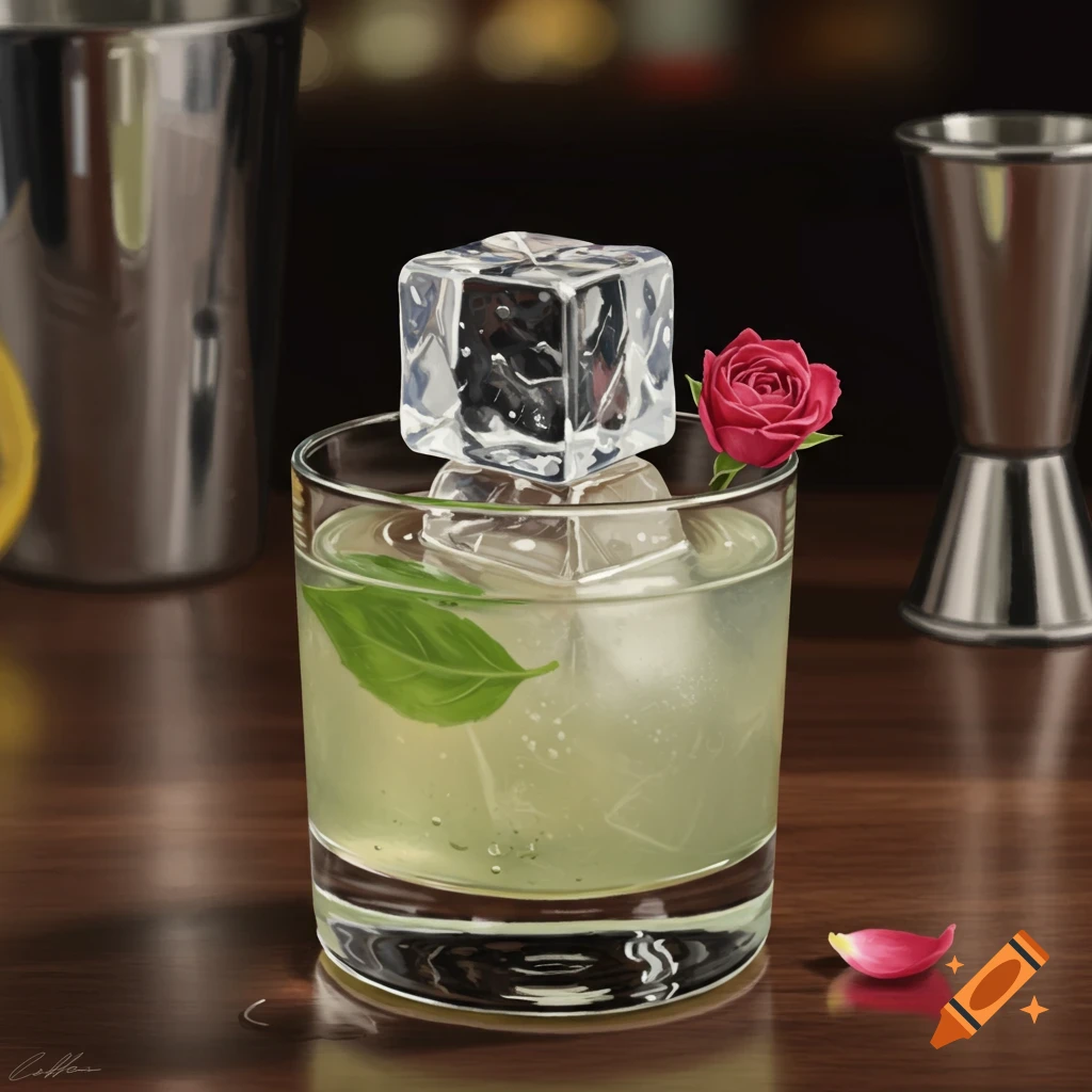 Photorealistic gin basil smash cocktail in a rocks glass with a large clear ice cube, basil leaf, and a small pink rose, on a wooden bar.