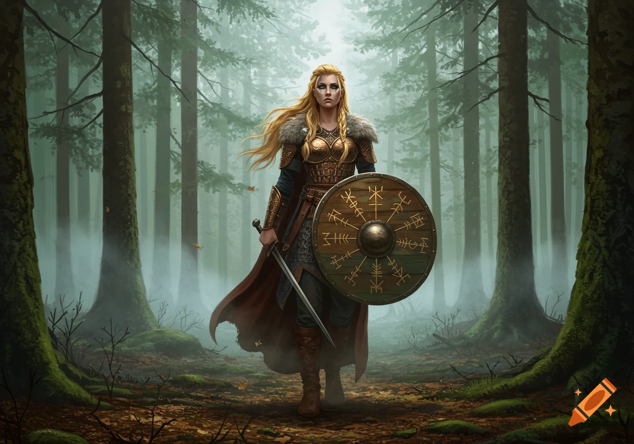 A blonde female Viking warrior in ornate armor holds a sword and a runic shield, standing in a misty, dark forest.