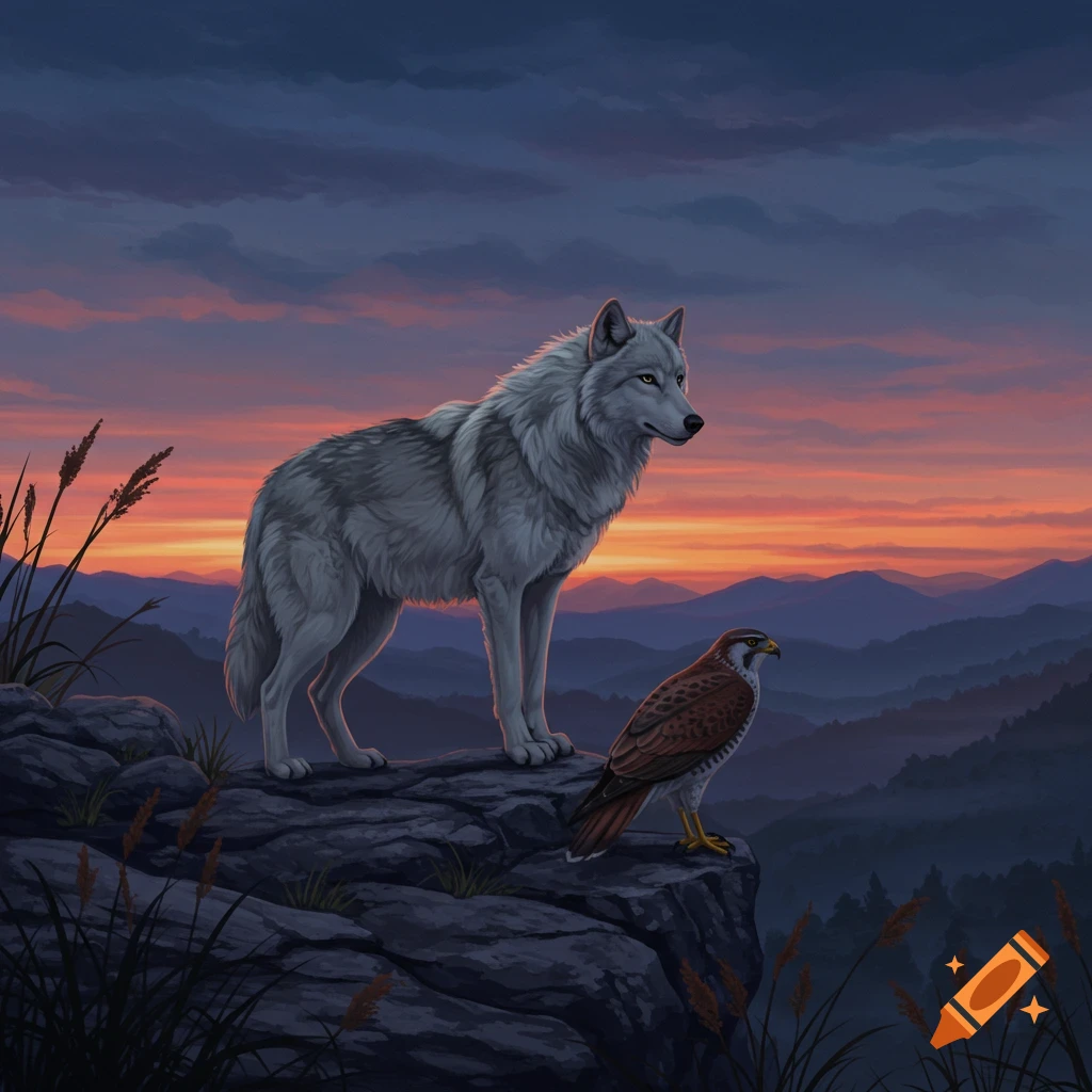 A majestic white wolf and a brown falcon stand on a rocky cliff, silhouetted against a vibrant orange and purple sunset over a mountain range.