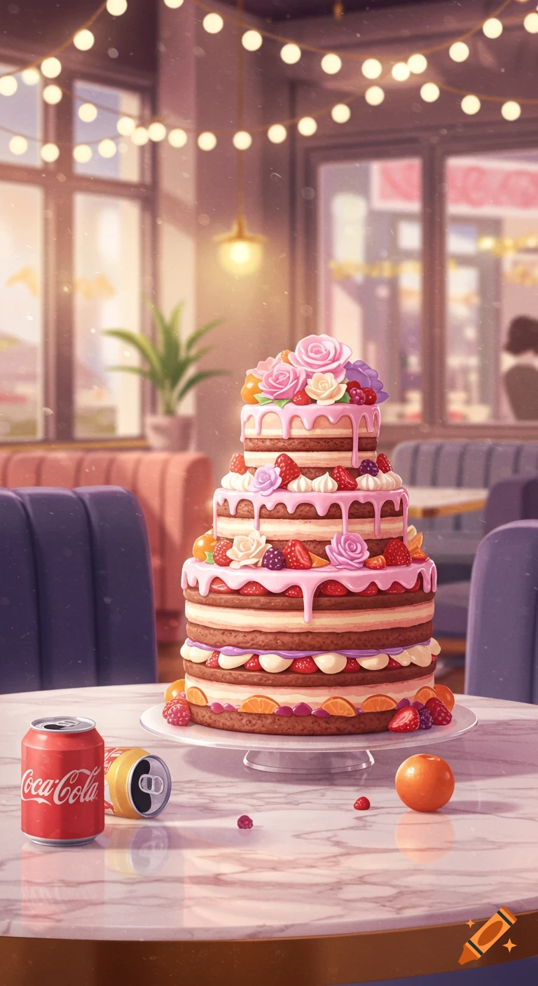A beautiful tiered cake adorned with berries and roses sits on a white marble table in a cafe, next to Coca-Cola cans and an orange.