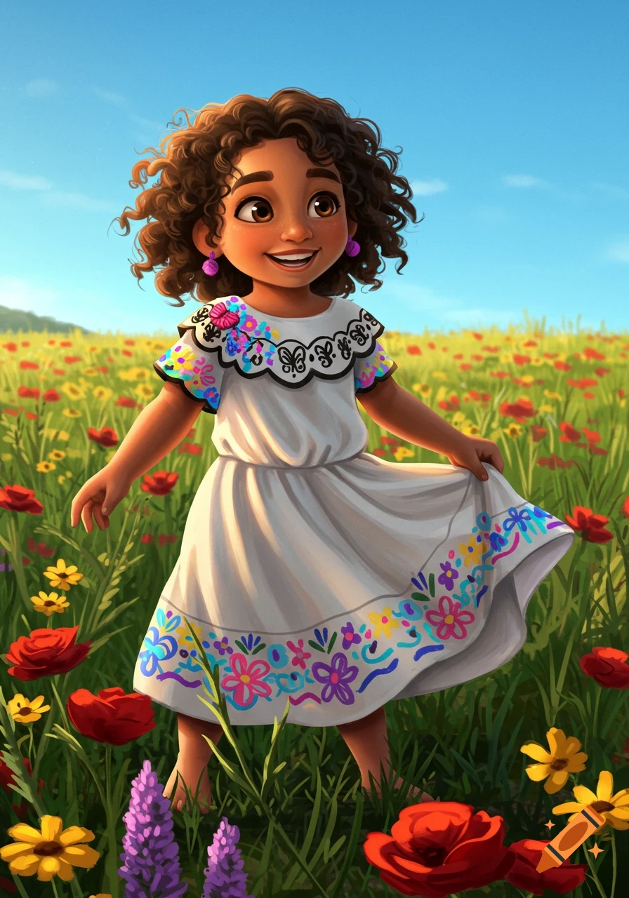 Happy young girl with curly brown hair in an embroidered white dress stands barefoot in a sunny field of wildflowers, stylized.