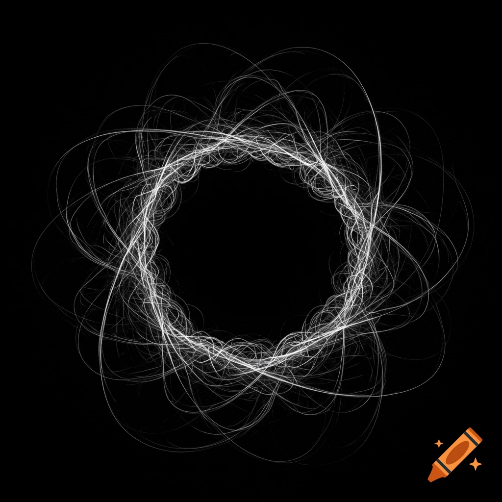 Abstract black and white image of swirling white lines forming an intricate circular pattern, resembling electron orbits of an atom.