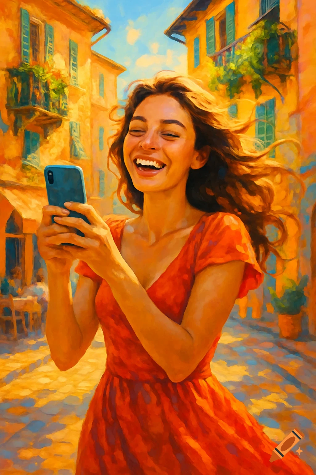 A happy young woman with long, flowing hair laughs while holding a smartphone on a bright, painterly street with colorful buildings.