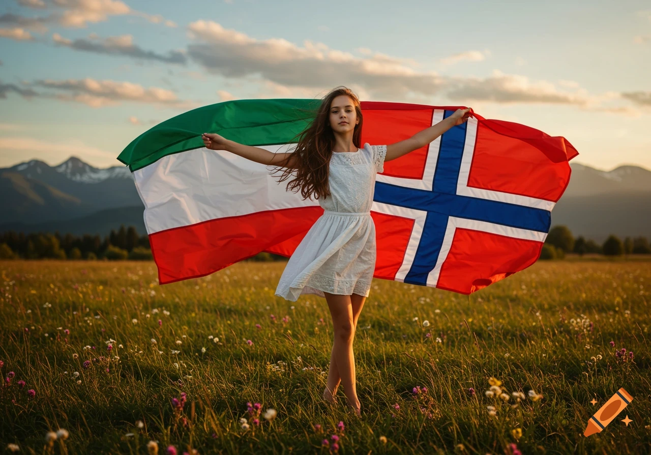 A young girl in a white dress stands barefoot in a field, holding a combined flag of Norway and a green, white, and red striped flag against a sunset sky with mountains.