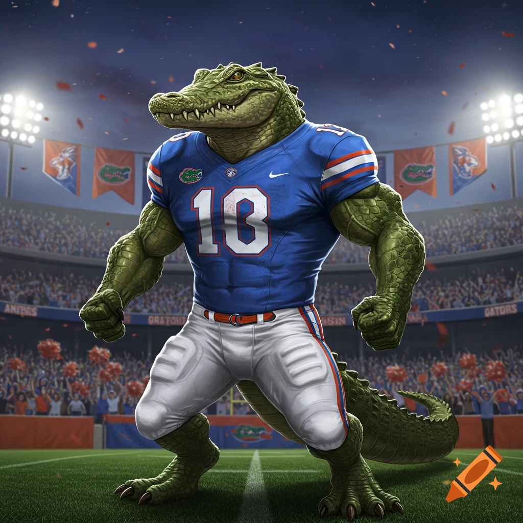 A muscular humanoid alligator wearing a blue football jersey with the number "10" and white pants stands on a football field in a stadium.