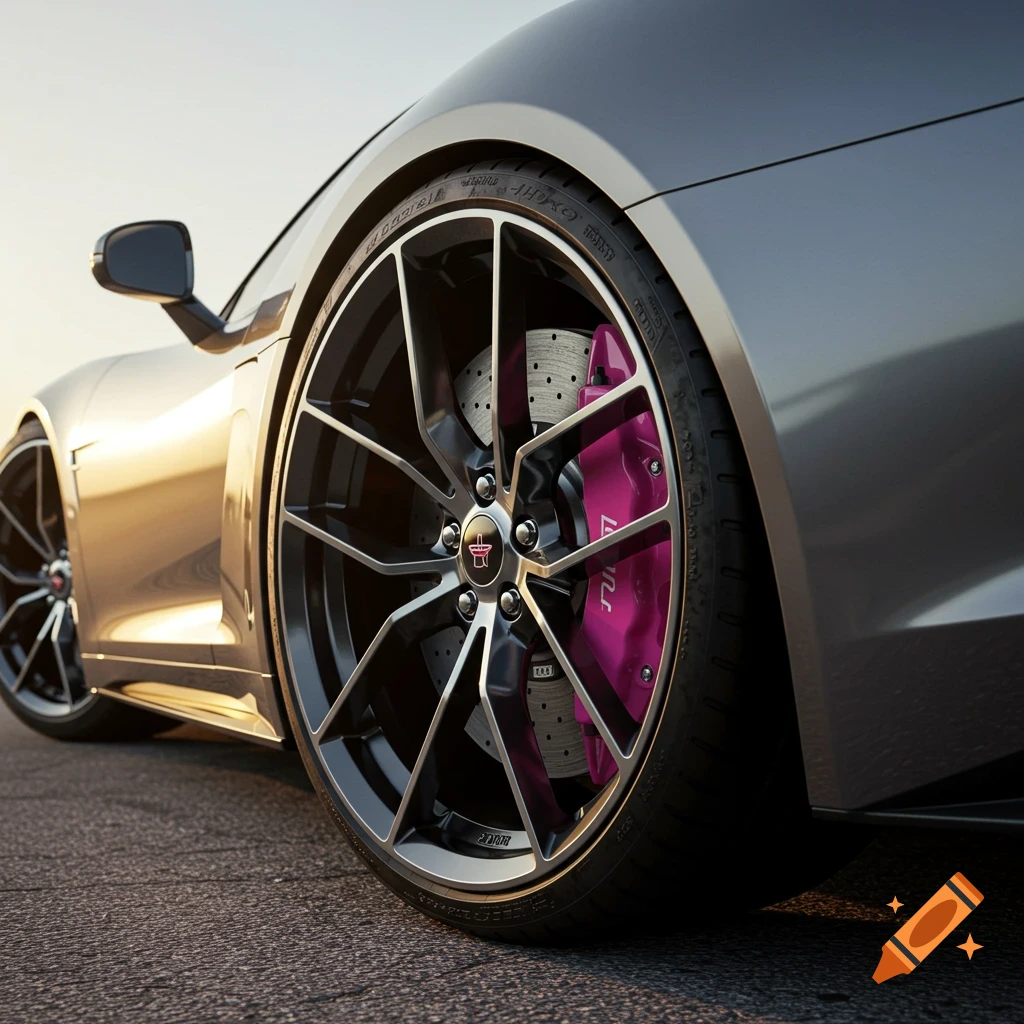 Close-up, low-angle shot of a gray sports car's front wheel with pink brake calipers, on asphalt.