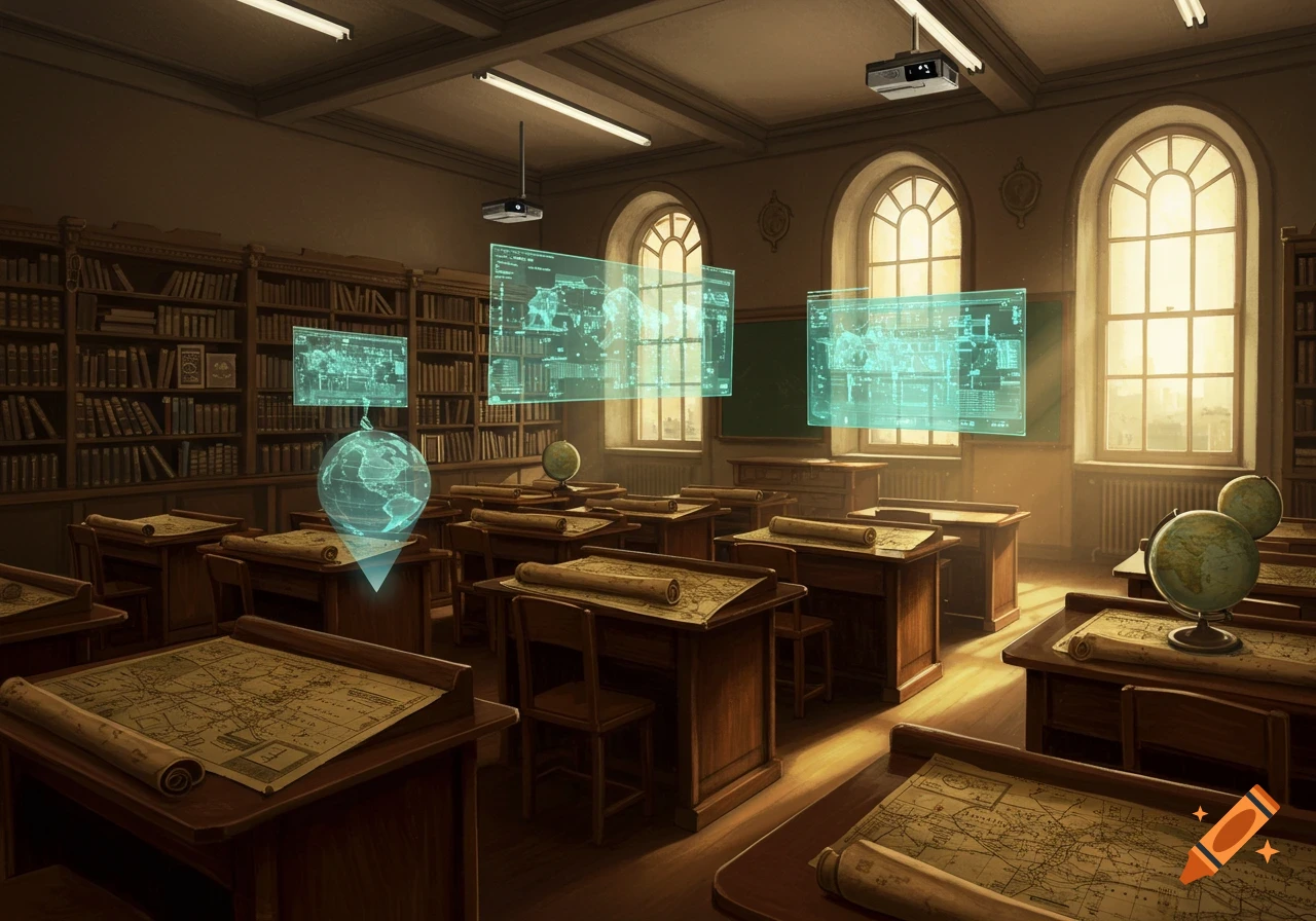 A history classroom blends traditional desks with maps and globes with modern holographic screens displaying data and ceiling-mounted projectors.