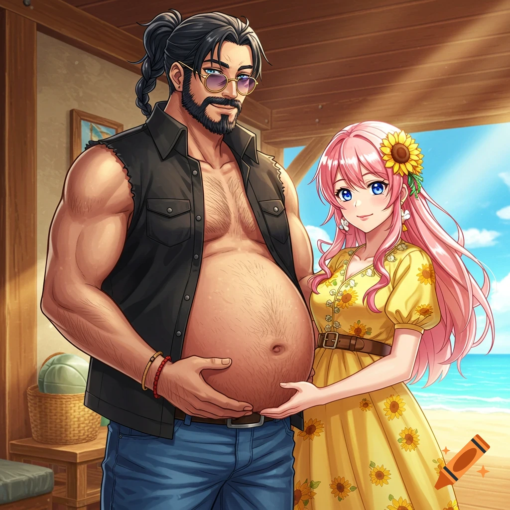 An anime man with a large, hairy belly and sunglasses, wearing a black vest and jeans, is embraced by an anime woman with pink hair and a yellow sunflower dress, at a beach house.