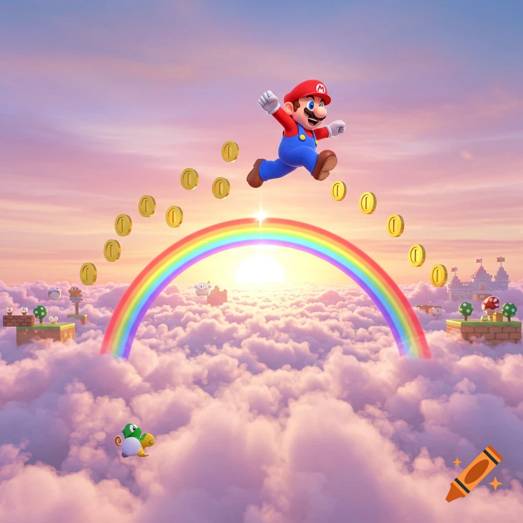 Mario leaps over a vibrant rainbow and gold coins in a sky full of pink and purple clouds, with platforms and castles in the background.