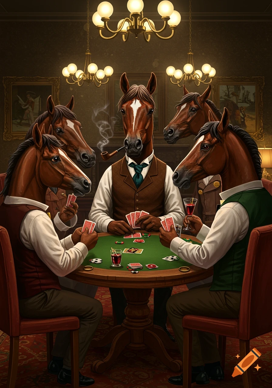 Anthropomorphic horses in vests and ties play poker at a green felt table in a dimly lit, ornate room with chandeliers.