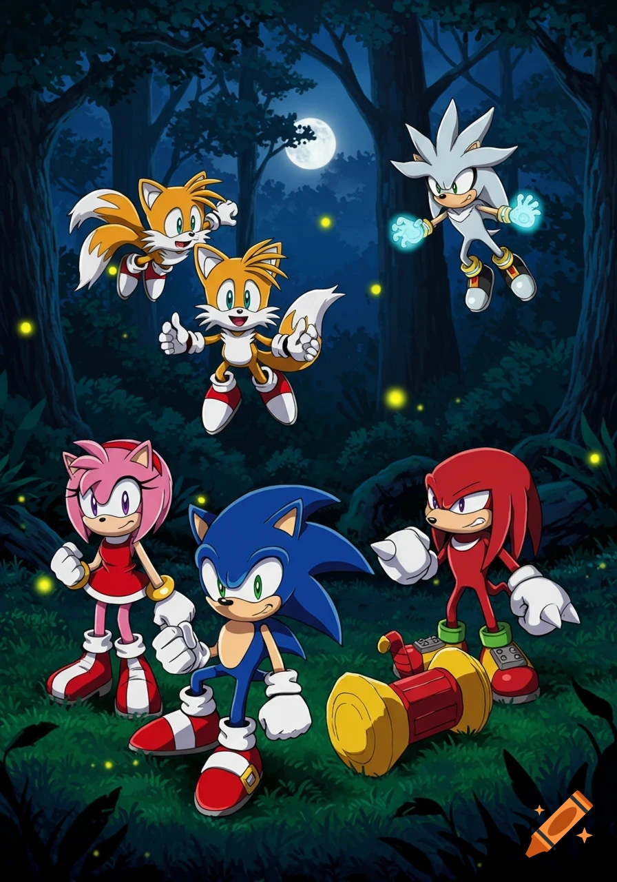 Sonic, Tails, Amy, Knuckles, and Silver gather in a moonlit forest with ...